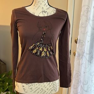 Manoukian Long Sleeve Multi‎ Media Tee Shirt Brown Size Small Feminine